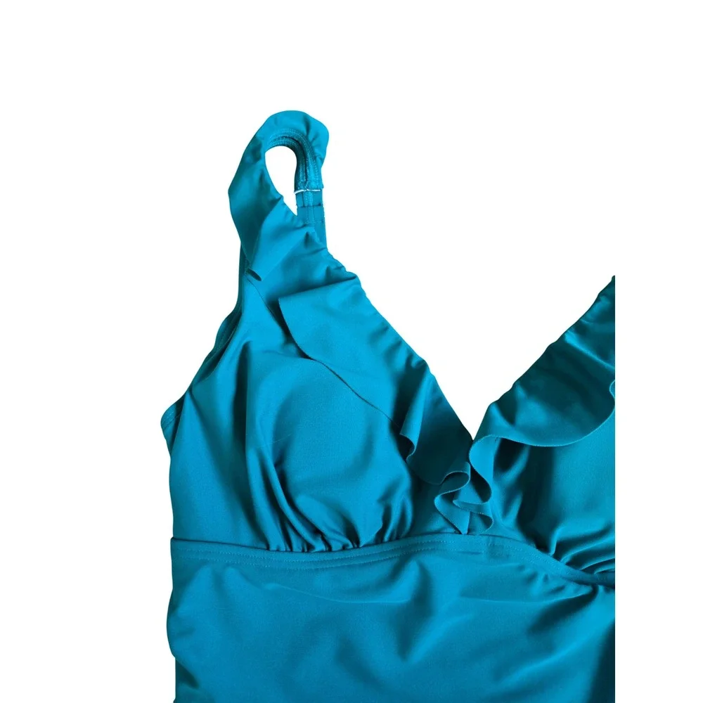 DKNY Teal Ruffle One Piece Swimsuit Size 14 Rushed Tummy Control Beach Chic Glam - Picture 3 of 7